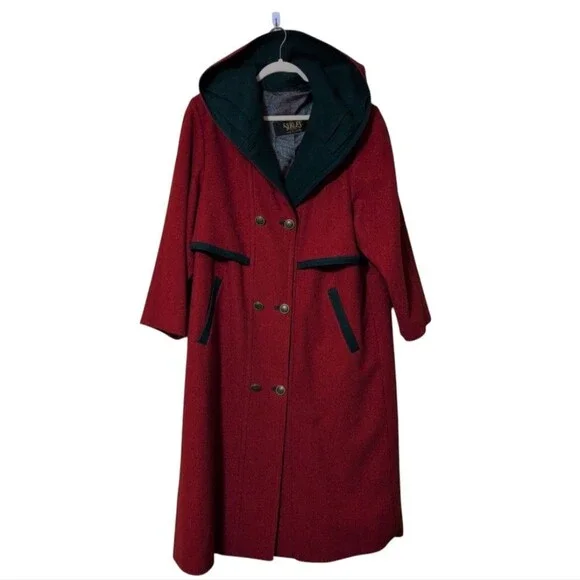 Searle Vintage Red-Orange Wool Coat Hooded Double Breasted Lined size 40 / 10 US - Picture 8 of 10